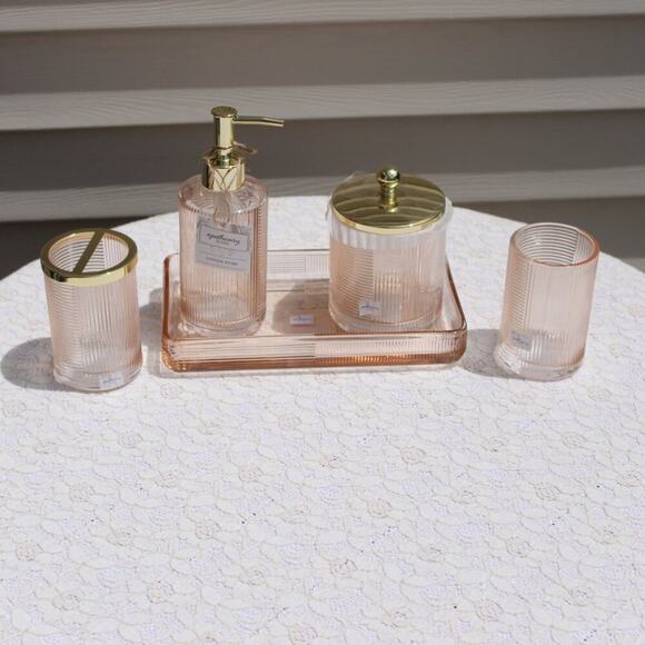 Apothecary Home Bathroom 5 Pc Colored Glass Accessory Collection Peachy Gold - Picture 3 of 16